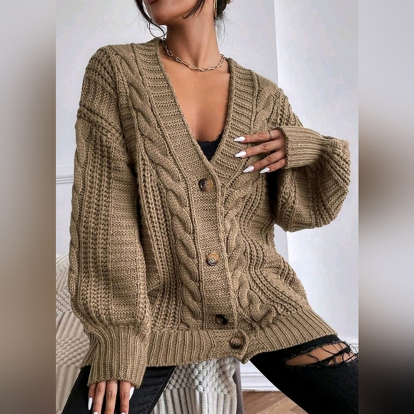 New Boho Chunky Cable Knit Cardigan Sweater Khaki Tan Beige - Picture 4 of 7